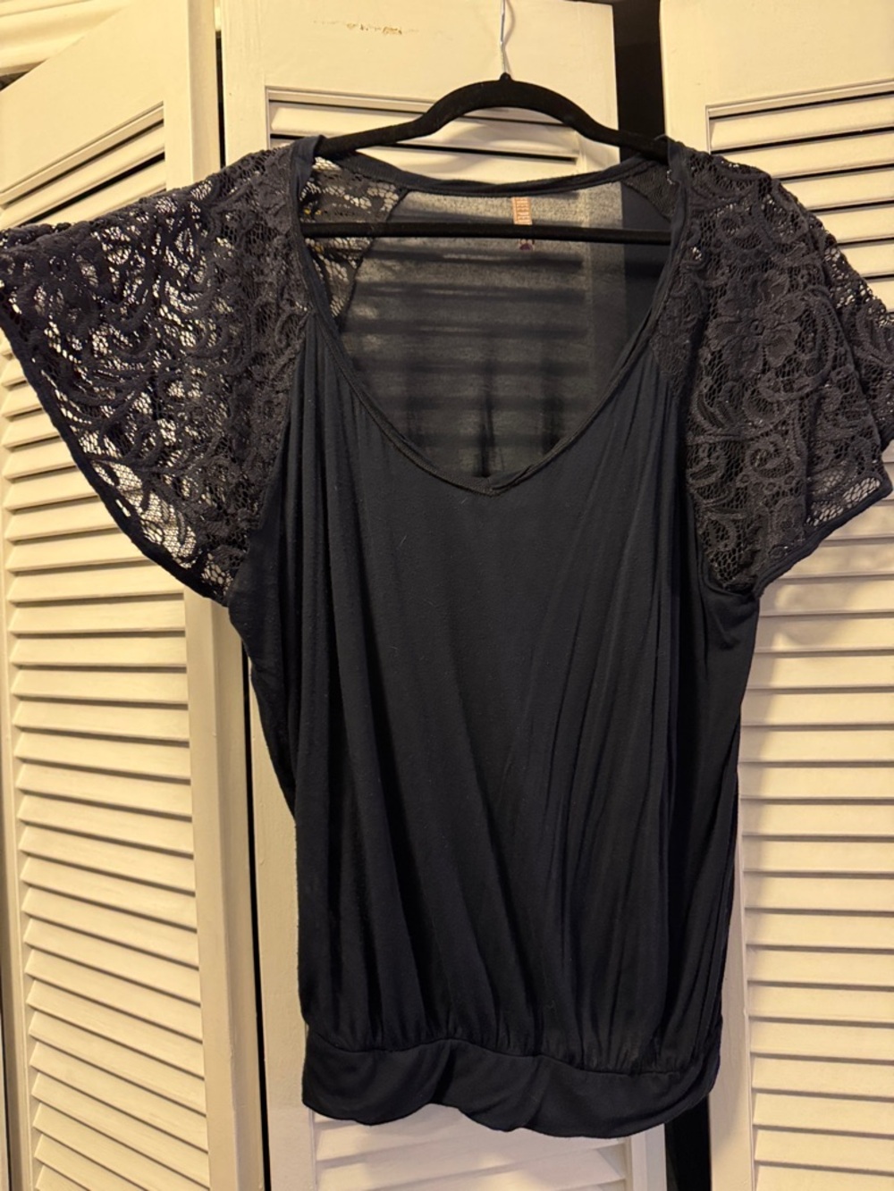 Free People Navy Lace Sleeve Scoop Neck Top
